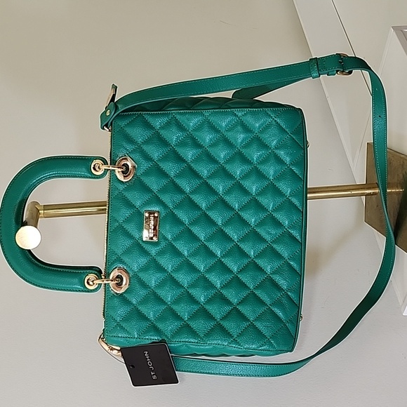 St. John Kelly quilted  Green Leather Sachel's handbag Preppy - Picture 4 of 16